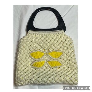 Vtg Macrame Butterfly Plastic Handle Hand Bag Bohemian, Boho, Hippie, Chic Beach